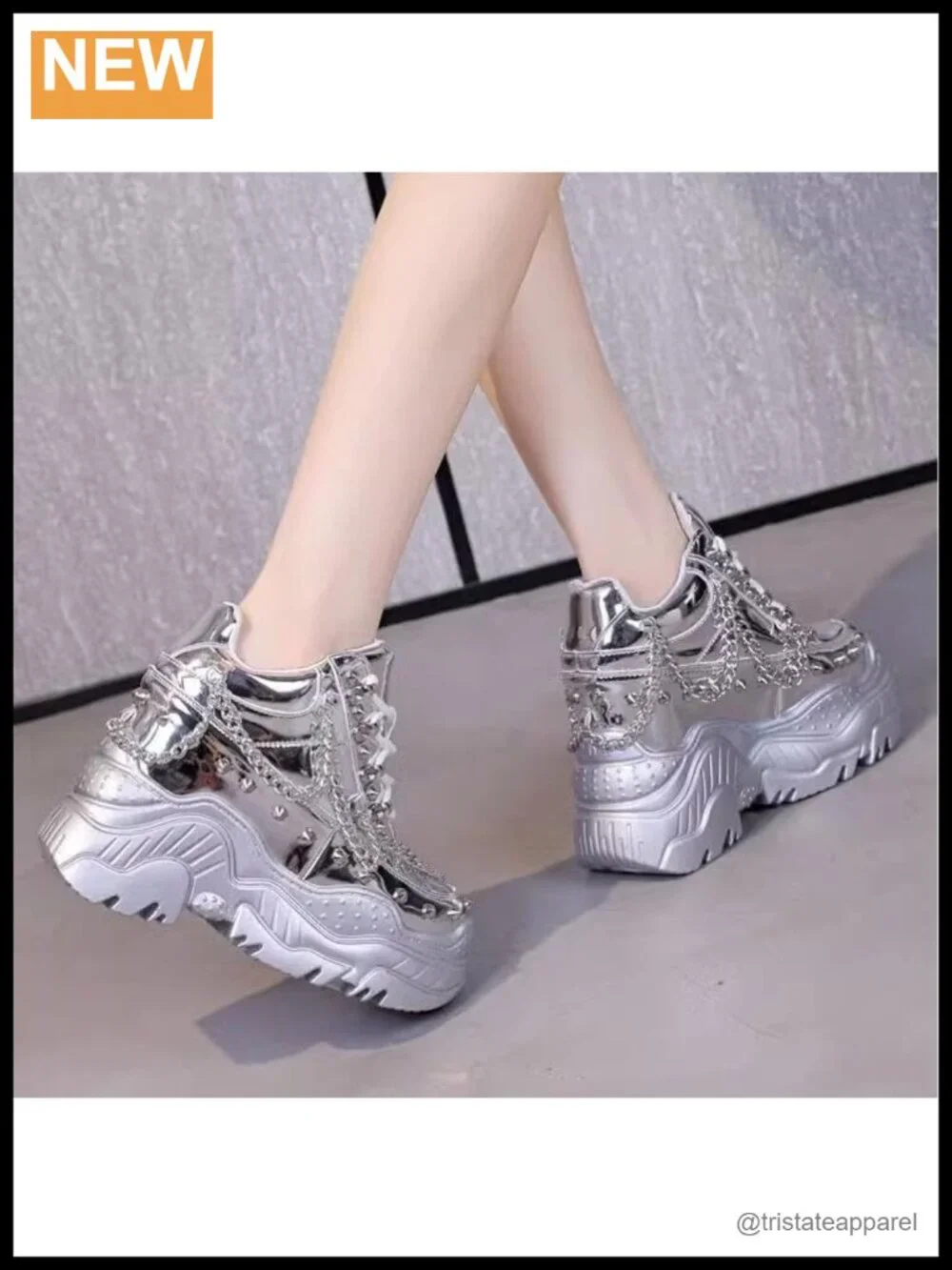 Genuine Leather Platform Sneakers Hidden Heel Chain Rivet Lace Up Women